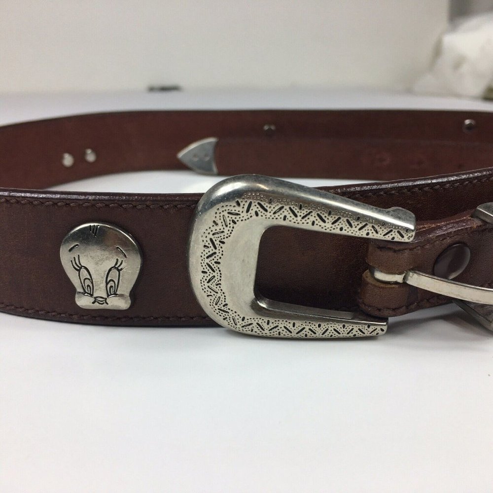 Vintage 90s Warner Brothers 36 Brown Leather Belt Silver Metal Bugs Bunny Tweety